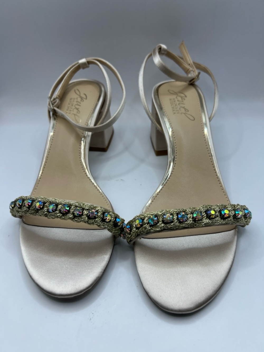 Badgley Mischka Champagne Satin Block Heel Sandals with Iridescent Crystal Trim